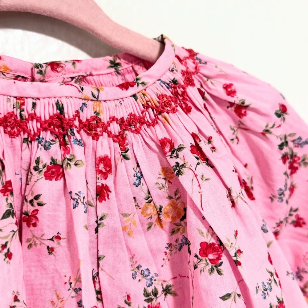 Bonpoint Pink Floral Smocked Long-Sleeve Blouse